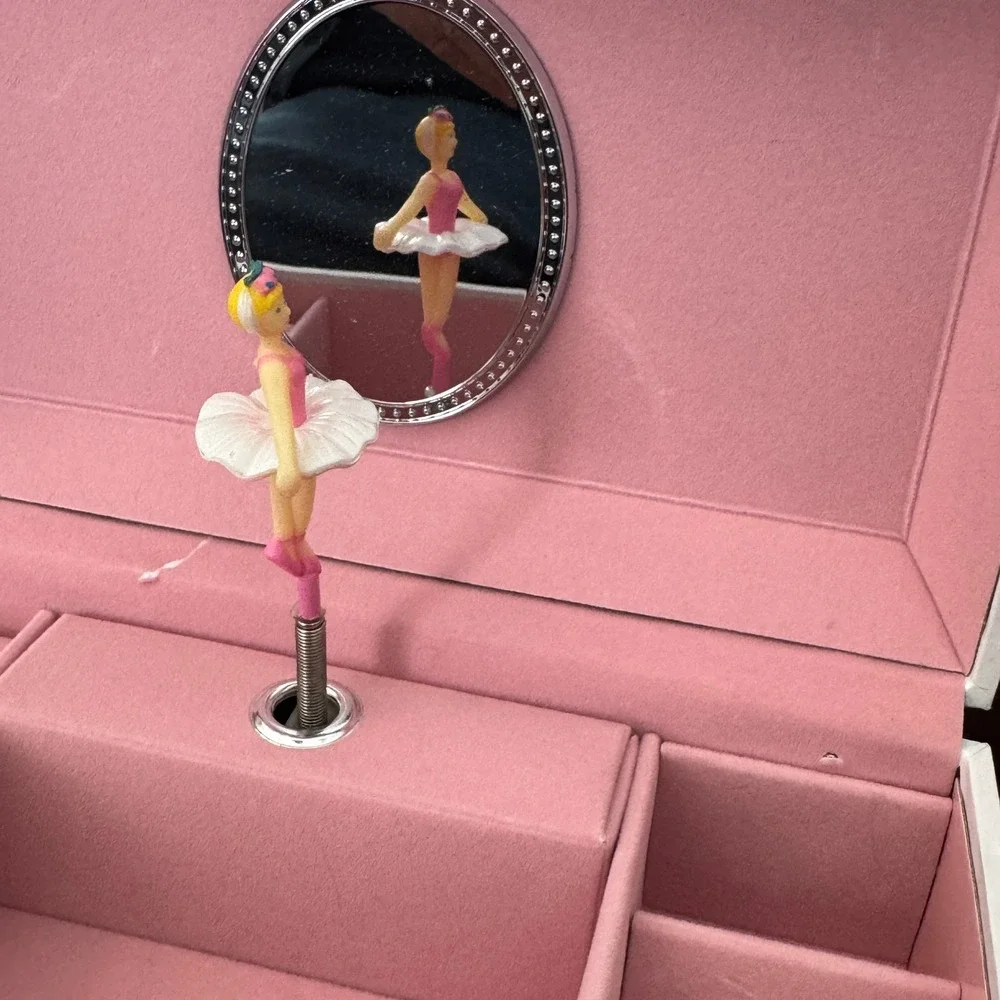 Ballerina Musical Jewelry Box White Pink Floral Vintage Style with Drawer Mirror